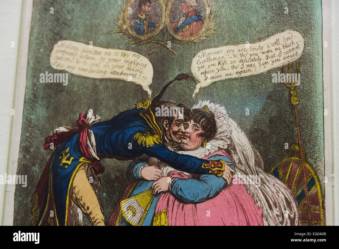 Sur la photo : "caricature le premier baiser ce dix ans ! Par James  Gillray, 1803, à la main, à l'aquatinte et la gravure. L'exposition  "Bonaparte et les Britanniques : imprime et