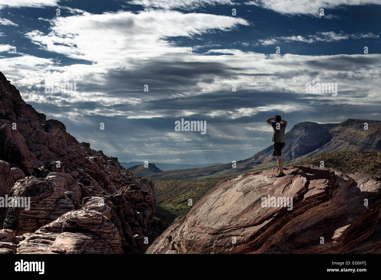 Randonneur debout sur un sommet de montagne, parc national de Red Rock Canyon, Las Vegas, Nevada, États-Unis Banque D'Images