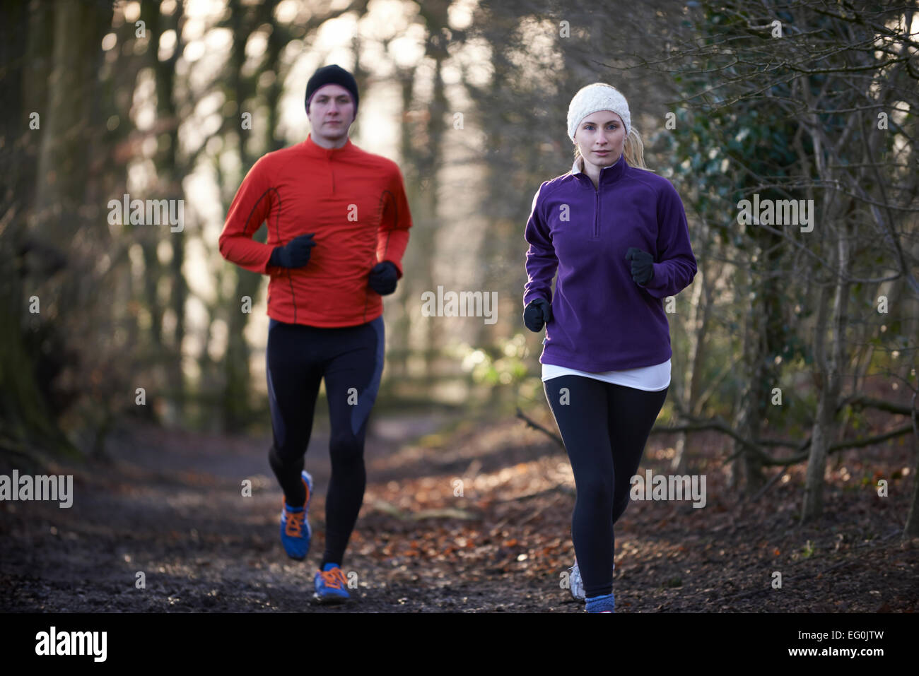 Le couple entre forêt d'hiver Banque D'Images