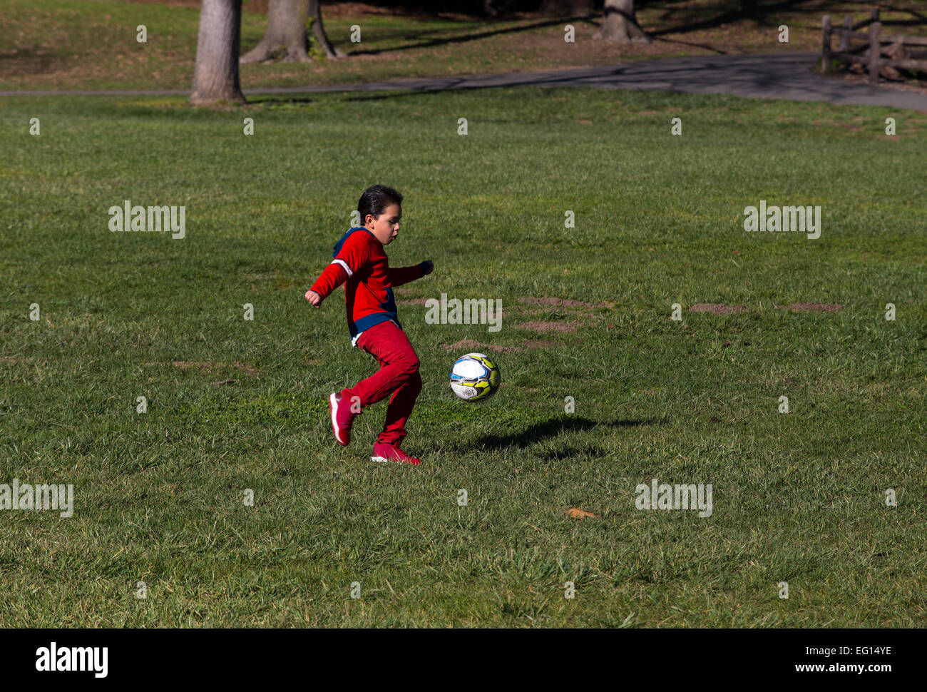 Young Hispanic boy apprendre à jouer au soccer à coups de ballon de soccer tout en jouant au football dans la région de Pioneer Park dans la ville de Novato, Californie Banque D'Images