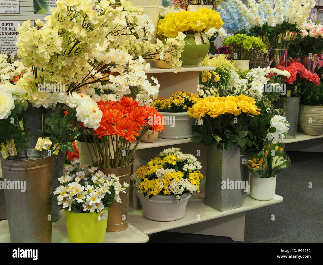 Les couleurs de l'image des fleurs en soie dans un grand centre de jardin. Banque D'Images