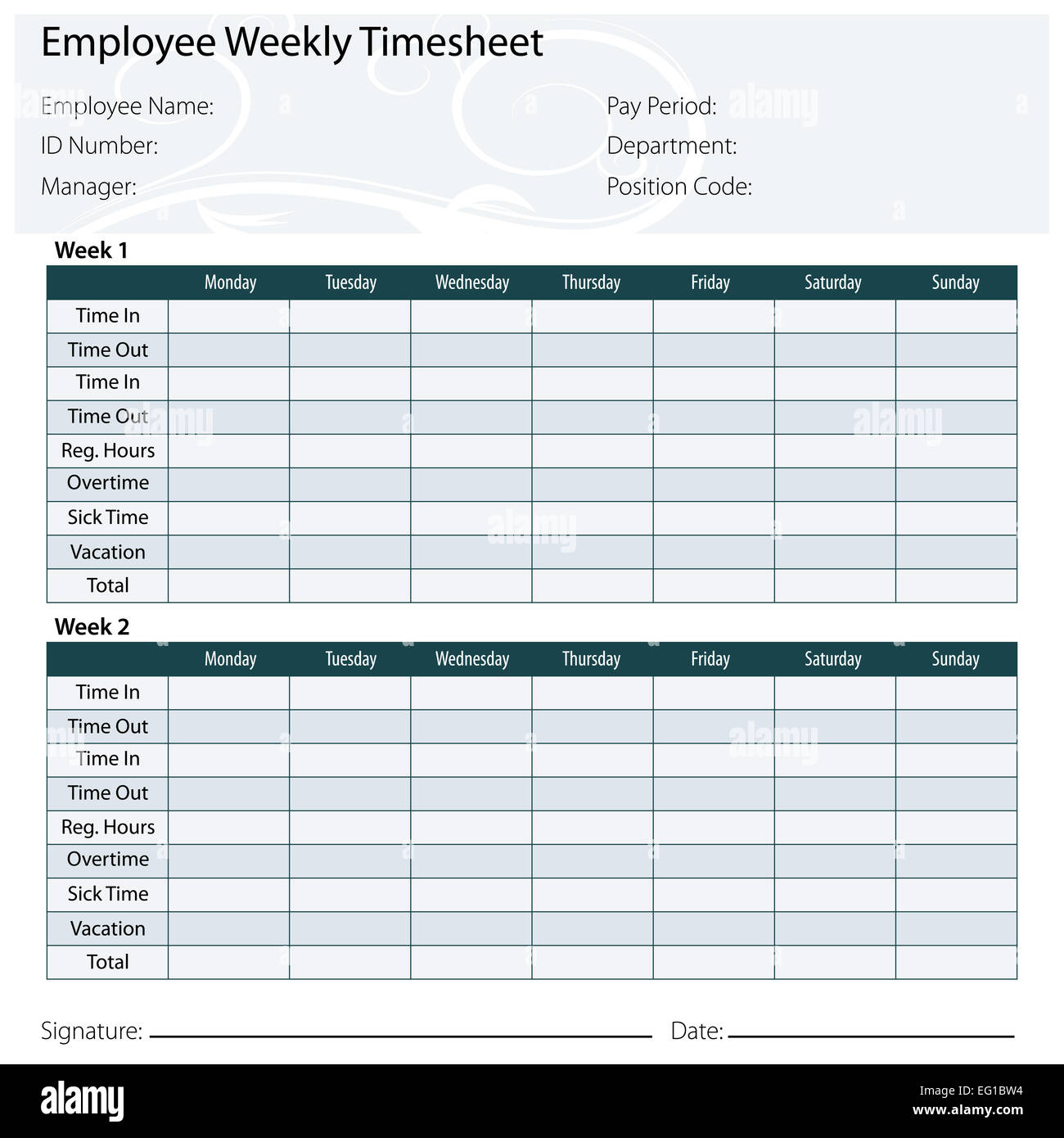 Une image d'un modèle de feuille de temps des employés. Banque D'Images