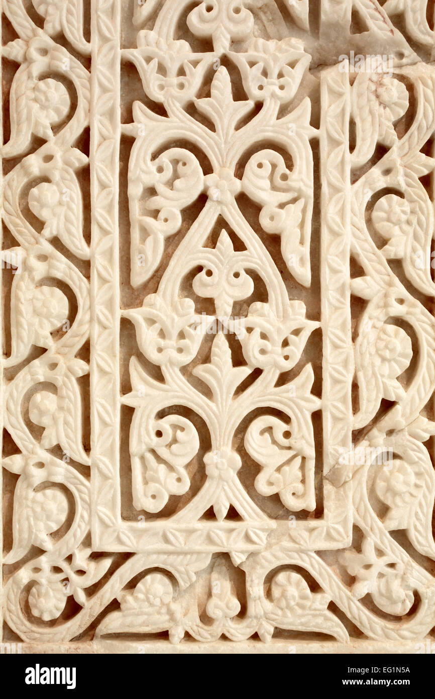 L'art de la sculpture sur pierre, arabesque, musée d'archéologie, Medina Azahara, Cordoue, Andalousie, Espagne Banque D'Images
