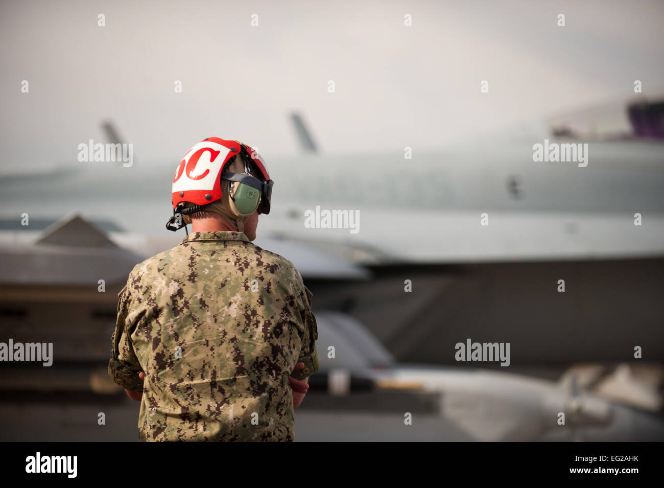 Responsable de l'aéronef 135e Escadron d'attaque électronique, Naval Air Station Whidbey Island, Washington, observe ses aéronefs affectés par laissez-passer pour une mission d'entraînement après vérifications avant vol le 29 janvier 2014, à Nellis Air Force Base, Nevada service commun d'équipage jouent leur rôle au "Blue Force" de la paix, soutenir l'air simulé-guerre contre les forces "Rouge" organisé par le 57e Groupe tactique de l'adversaire. Joshua Kleinholz Navigant de première classe Banque D'Images