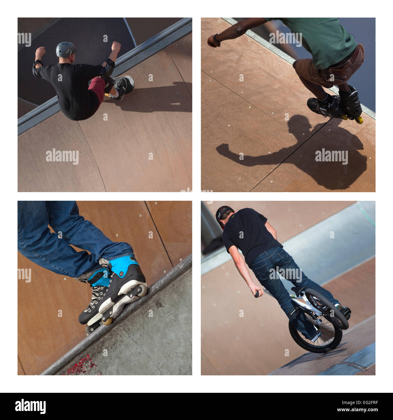 Collage de rouleaux et de patineurs dans un skate park Banque D'Images