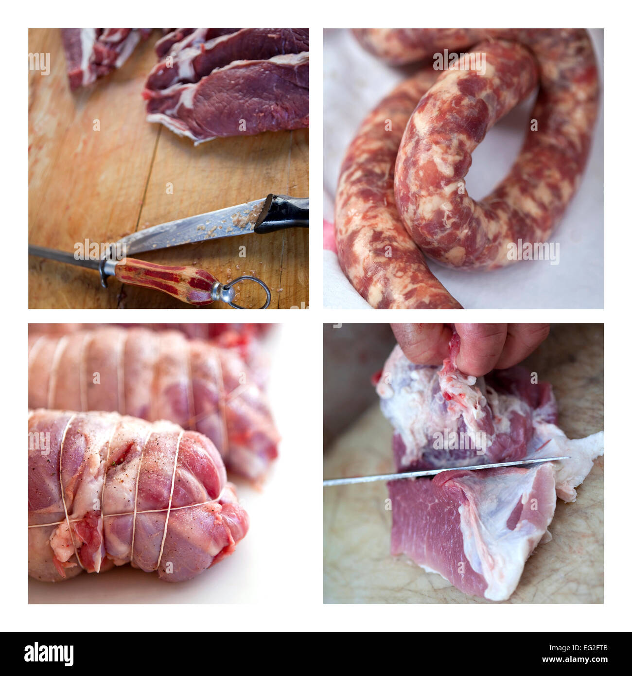 Collage de la viande et saucisse dans une boucherie Banque D'Images