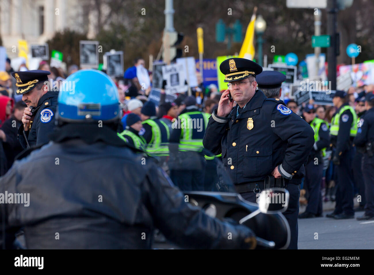 L'inspecteur de police US Capitol talking on mobile phone au cours de protestation - Washington, DC USA Banque D'Images