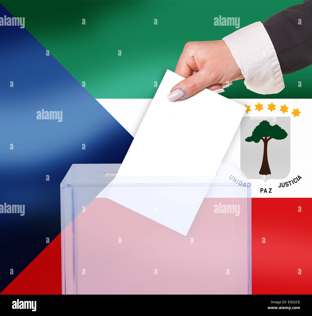 Vote au scrutin électoral, sous le drapeau de la Guinée équatoriale Banque D'Images