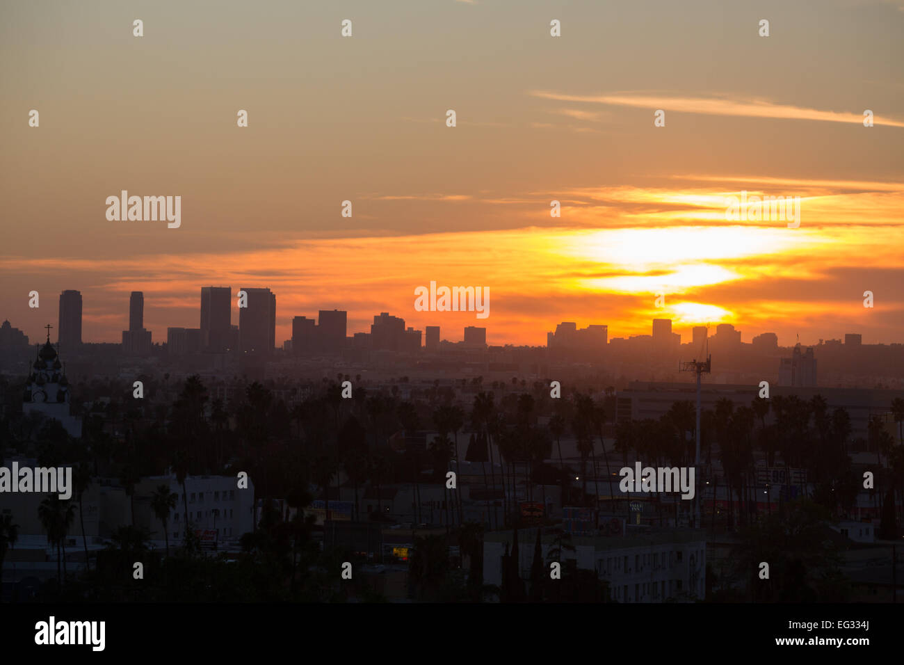 Coucher de soleil sur la colline d'olive de Hollywood à Los Angeles, CA, USA Banque D'Images