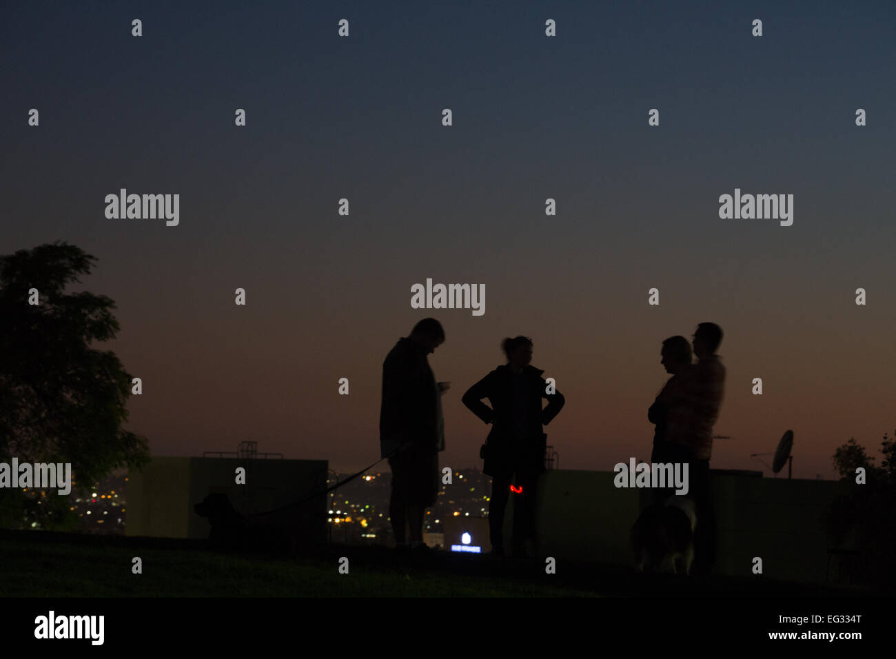 Voisins à pied leurs chiens sur la colline d'olive à Hollywood, Los Angeles, CA au coucher du soleil. Banque D'Images