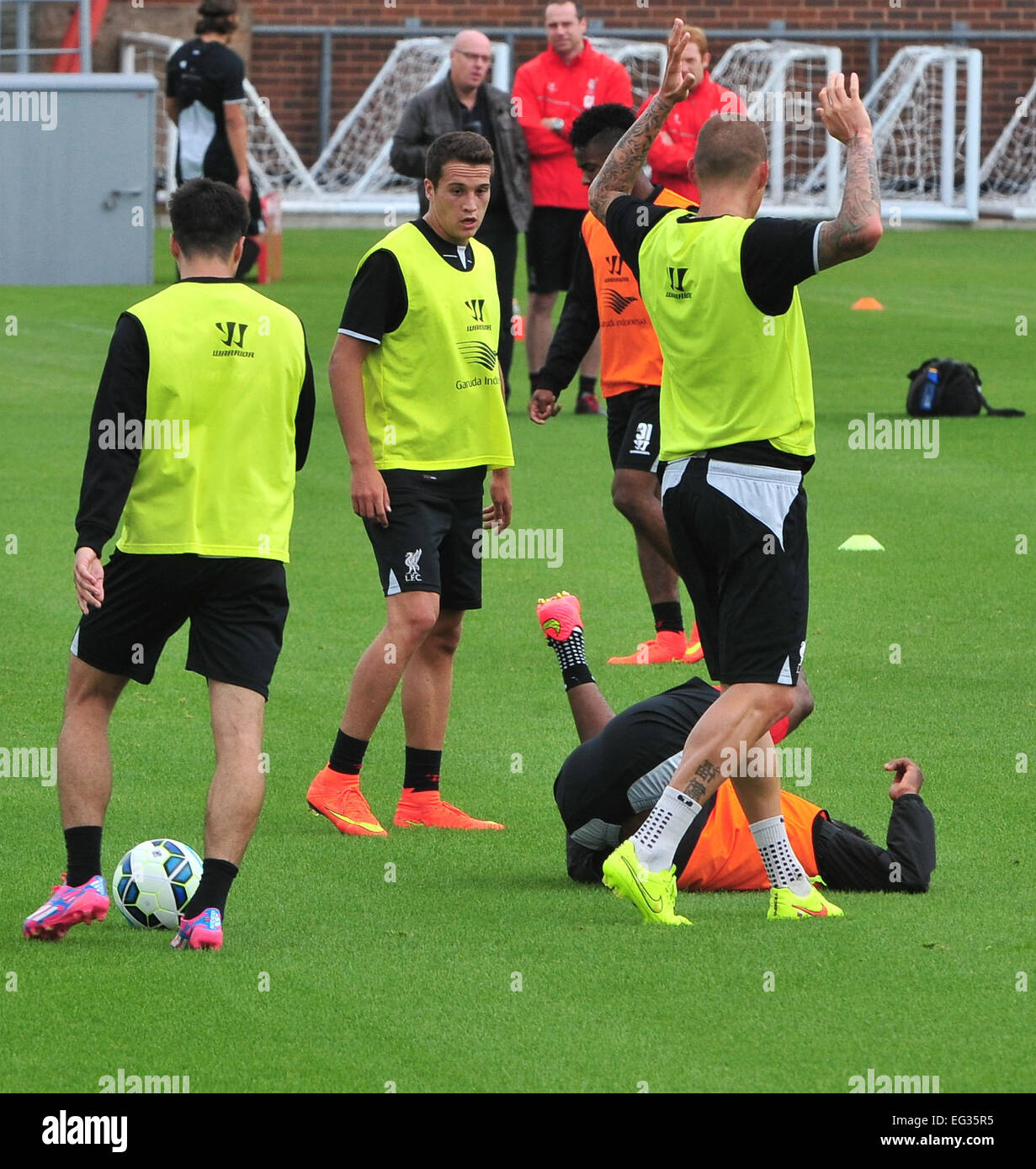 Liverpool F.C. formation joueurs avant le premier match de la saison de Premier League 2014/15 contre Southampton. Avec : Javier Manquillo,Martin Skrtel, Daniel Sturridge Où : Liverpool, Royaume-Uni Quand : 13 août 2014 Banque D'Images