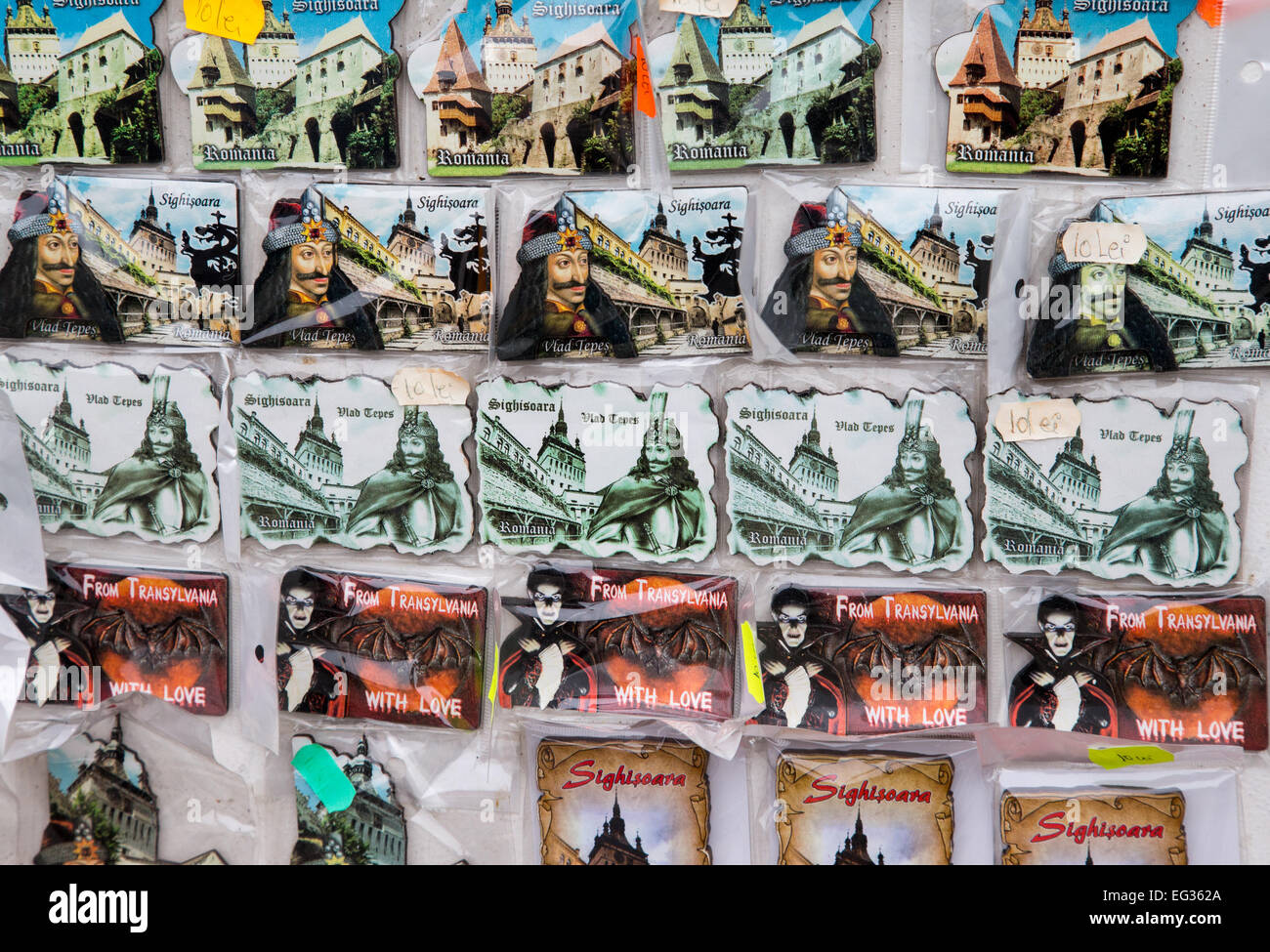 Dracula-Vlad roumaine Souvenirs montrant l'Empaleur Sigishoara et un 14 siècle ville médiévale,le bithplace de Vlad Tepes Banque D'Images