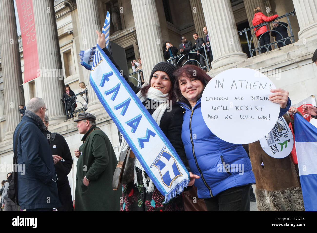 Trafalgar Square, Londres, Royaume-Uni. 15 février 2015. Pro Grèce : une démonstration de solidarité avec Syriza a lieu à Trafalgar SquareLondon. Crédit : Matthieu Chattle/Alamy Live News Banque D'Images
