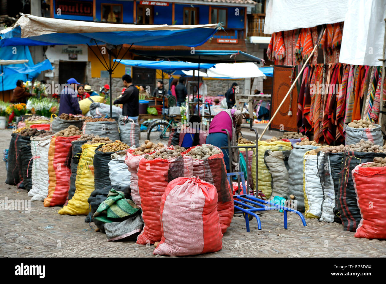 La pomme de terre pour la vente, marché de Pisac Le dimanche, Cusco, Pérou Banque D'Images