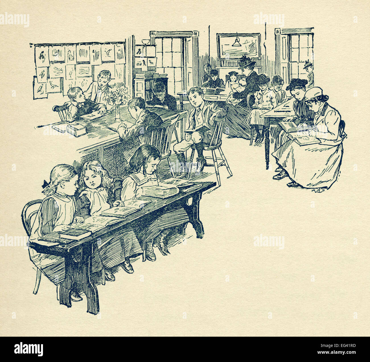 L'illustration du livre de l'époque victorienne de 1877 montrant les enfants dans une salle de classe Banque D'Images