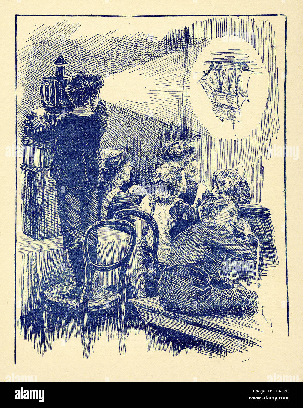 Illustration de l'époque victorienne de 1877 montrant les enfants à un spectacle de lanterne magique Banque D'Images