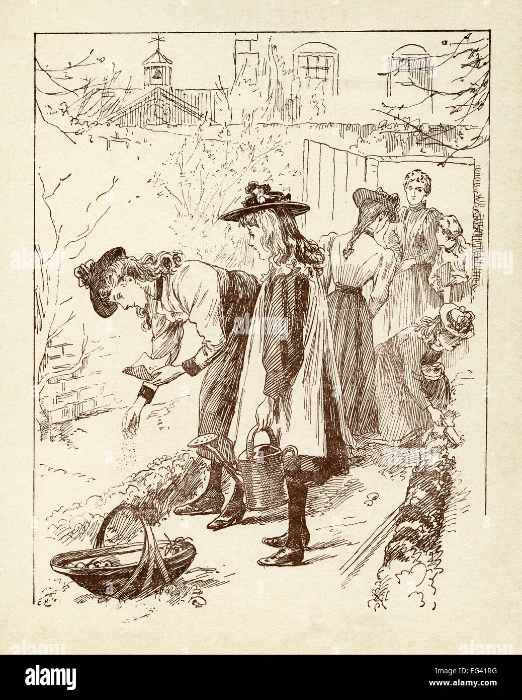 L'illustration du livre de l'époque victorienne de 1877 montrant les enfants de planter des graines dans leur jardin familial Banque D'Images