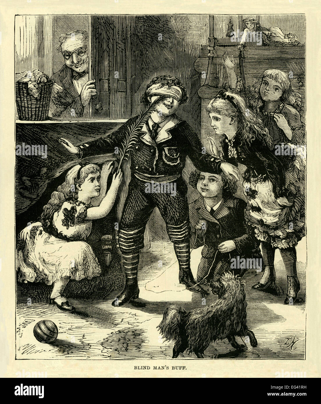 Illustration de l'époque victorienne de 1877 montrant des enfants jouant à colin-maillard ou blind man's Bluff Banque D'Images