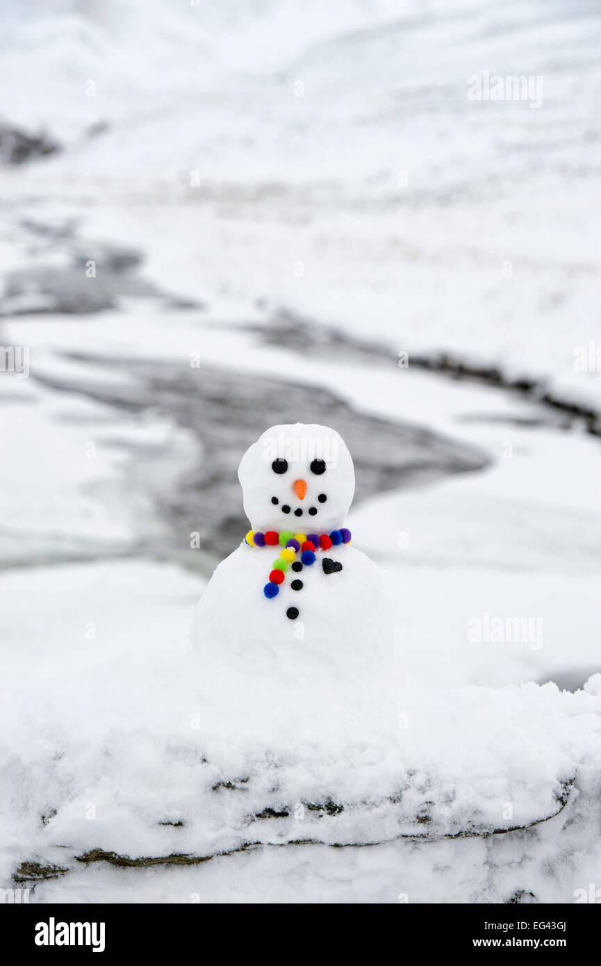 Heureux bonhomme avec un grand coeur de charbon sur un mur dans la campagne écossaise d'hiver Banque D'Images