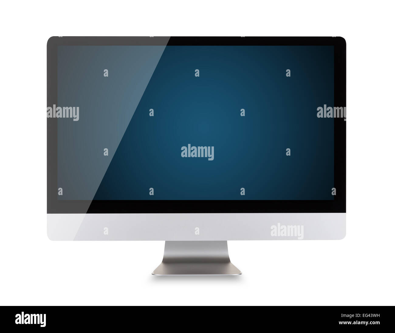 Affichage de l'ordinateur moderne avec écran bleu foncé blanc, souris et clavier. Vue de face. Isolé sur fond blanc Banque D'Images