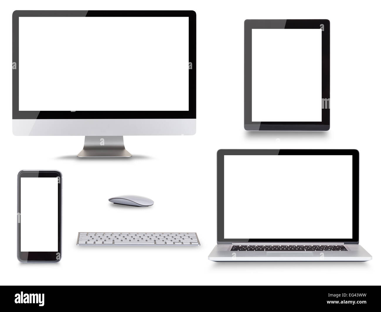 Collection d'appareils électroniques modernes isolé sur fond blanc. Banque D'Images