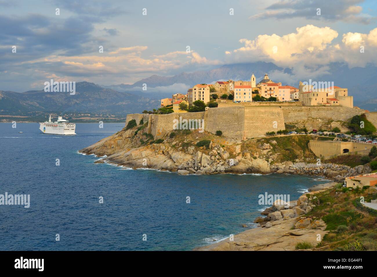 Vieille ville avec la citadelle, le port ferry, Calvi, Haute-Corse, Corse, France Banque D'Images