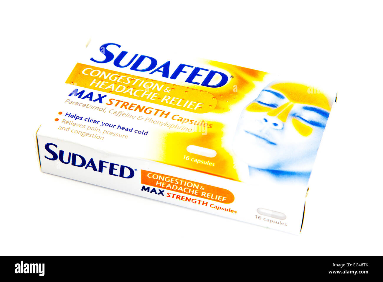 Maux de tête congestion force max Sudafed remède de secours médicaments grippe froide découper fond blanc Banque D'Images