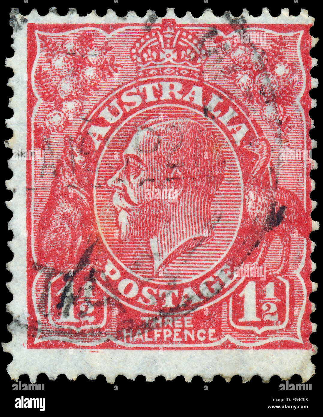 Australie - VERS 1924 : 3 demi-pence red de timbres en Australie avec le portrait de l'anglais le roi George V, vers 1924. Banque D'Images