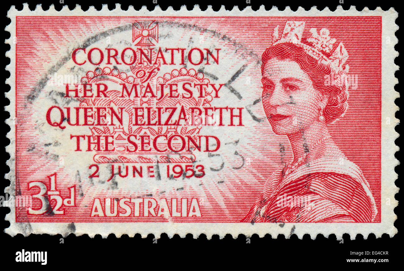 Australie - VERS 1953 : un timbre représentant Portrait de la reine Elizabeth 2e : vers 1953 Banque D'Images
