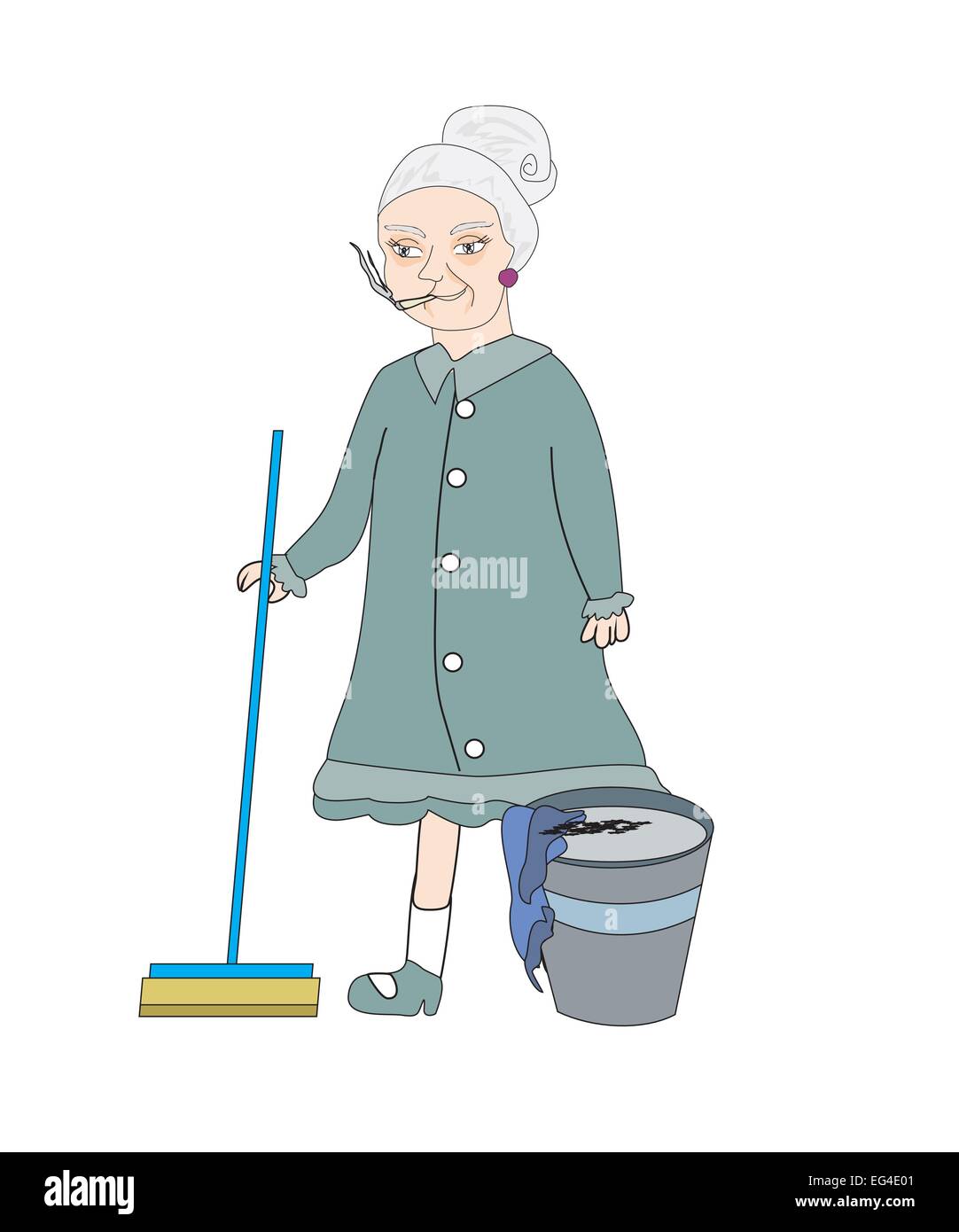 Personnage de femme de ménage avec un balai, illustration vectorielle, isolé sur fond blanc Illustration de Vecteur