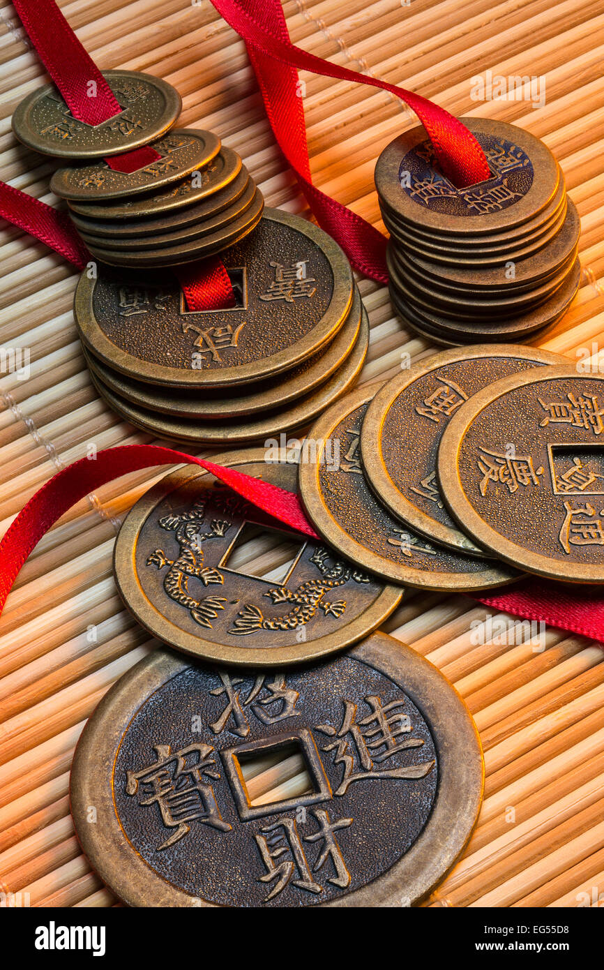 Pièces de monnaie chinoise antique dans un hôtel à Beijing en Chine. Banque D'Images