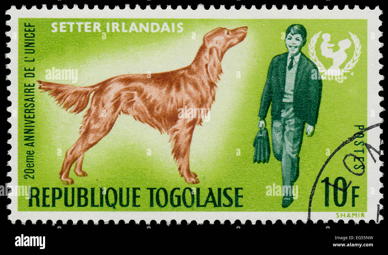 TOGO - circa 1967 : timbre imprimé par le Togo, présente le 20e anniversaire de l'UNICEF et l'Irish Red Setter, vers 1967 Banque D'Images