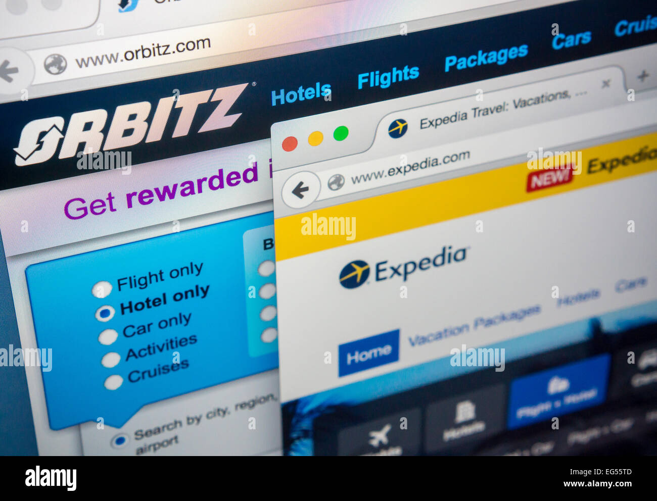 L'Expedia et Orbitz sites web sont visibles sur un écran d'ordinateur le jeudi 12 février 2015. Expedia a convenu d'acheter, Orbitz pour $1,34 milliard de dollars une consolidation contre concurrent Priceline. (© Richard B. Levine) Banque D'Images