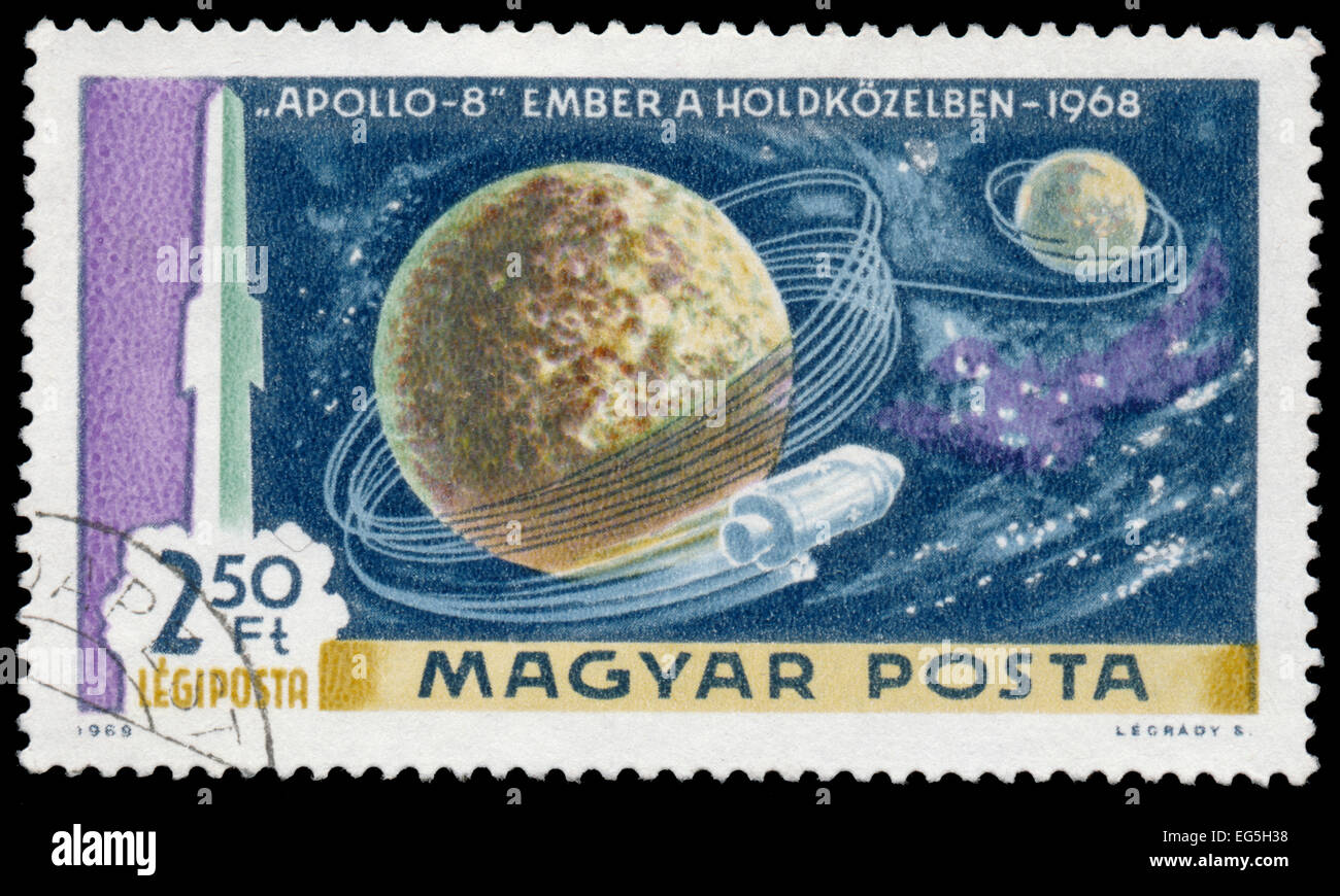 Hongrie - circa 1969 : timbre imprimé en Hongrie à partir de la '1er homme sur la Lune' montre Apollo-8, vers 1969. Banque D'Images