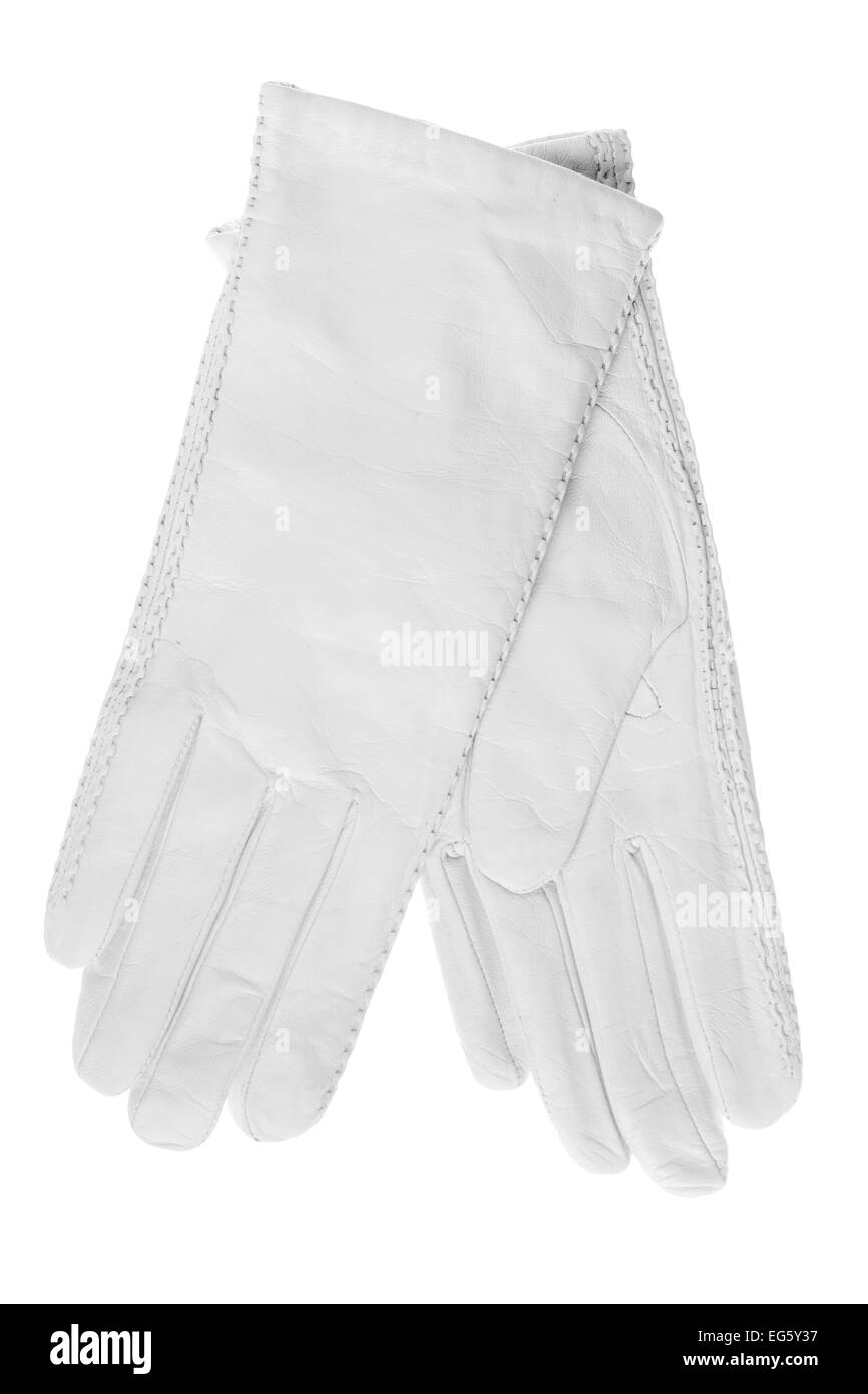 Gants en cuir blanc femme, isolé sur fond blanc Banque D'Images