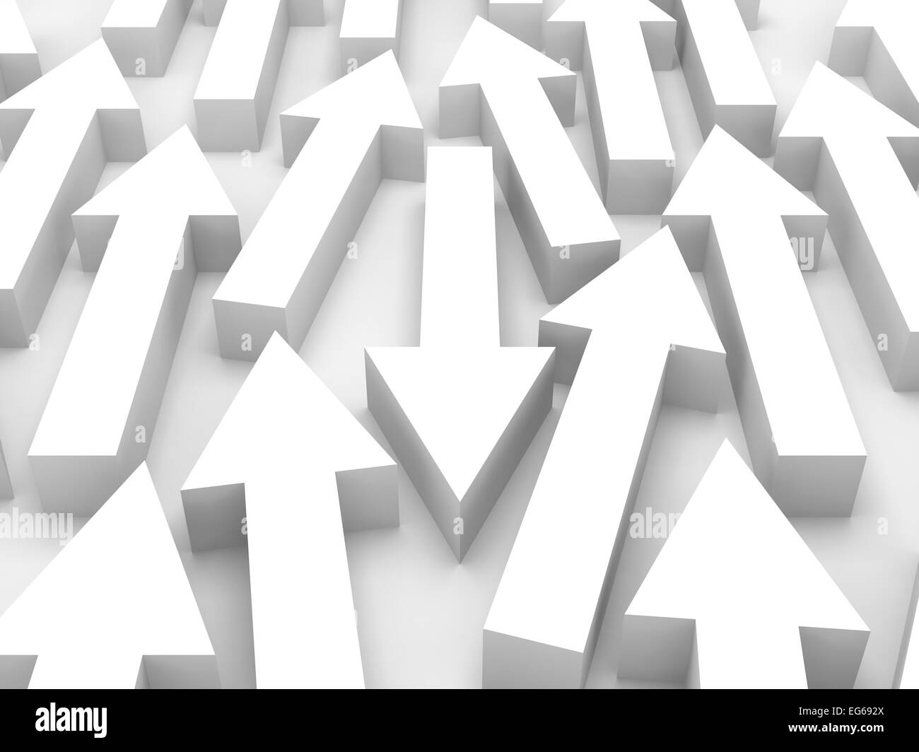 Abstract 3d illustration, grand groupe de flèches blanches aller de l'avant et un est en face Banque D'Images
