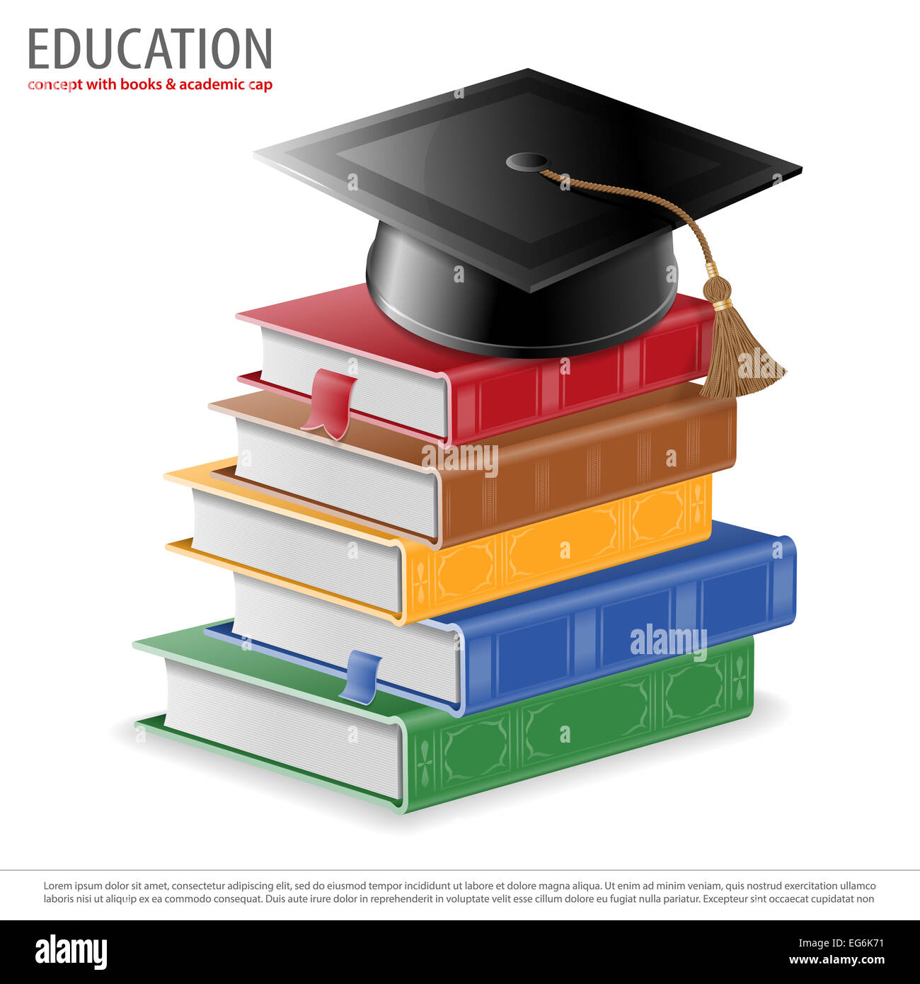 Concept de l'éducation - Pile de livres colorés avec des signets et les universitaires carré isolé sur fond blanc. . Banque D'Images