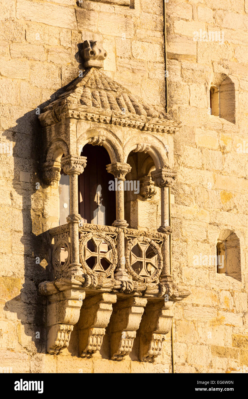 Lisbonne, Portugal. Détail de la 16e siècle Torre de Belem. La tour est un exemple important de l'architecture manuéline. Banque D'Images