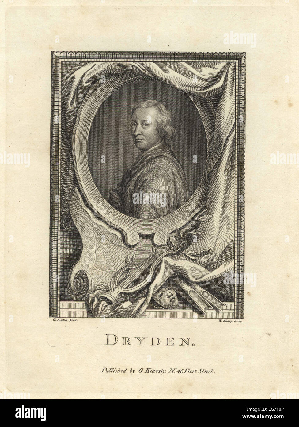 Portrait de John Dryden, poète de la restauration anglaise, 1631-1700, dans un ovale décoré de masque, lyre, livres et Rideau. Banque D'Images