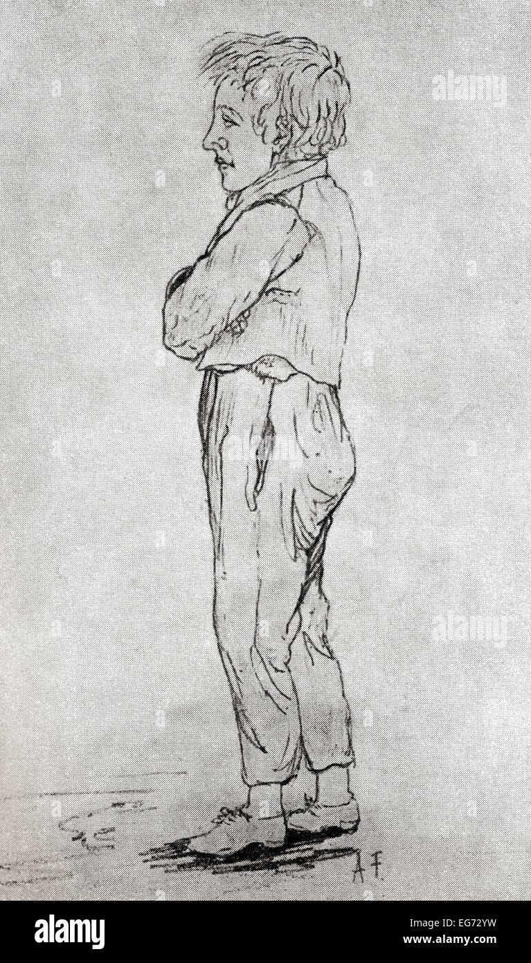 Croquis de Gustave Flaubert quand un enfant, dessiné par son frère Achille Flaubert. Gustave Flaubert, 1821 - 1880. L'écrivain français. Banque D'Images