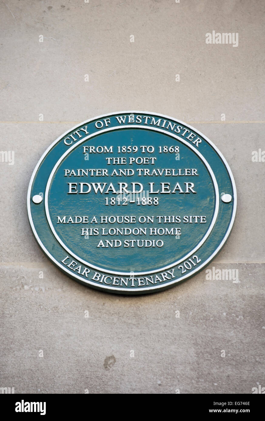 La plaque verte westminster le marquage d'une maison du 19ème siècle, artiste et écrivain Edward Lear, Stratford, London, England Banque D'Images