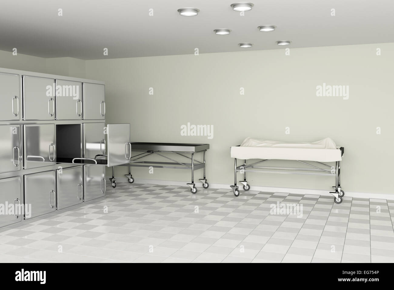 Le rendu 3D d'une salle d'autopsie macabre Banque D'Images