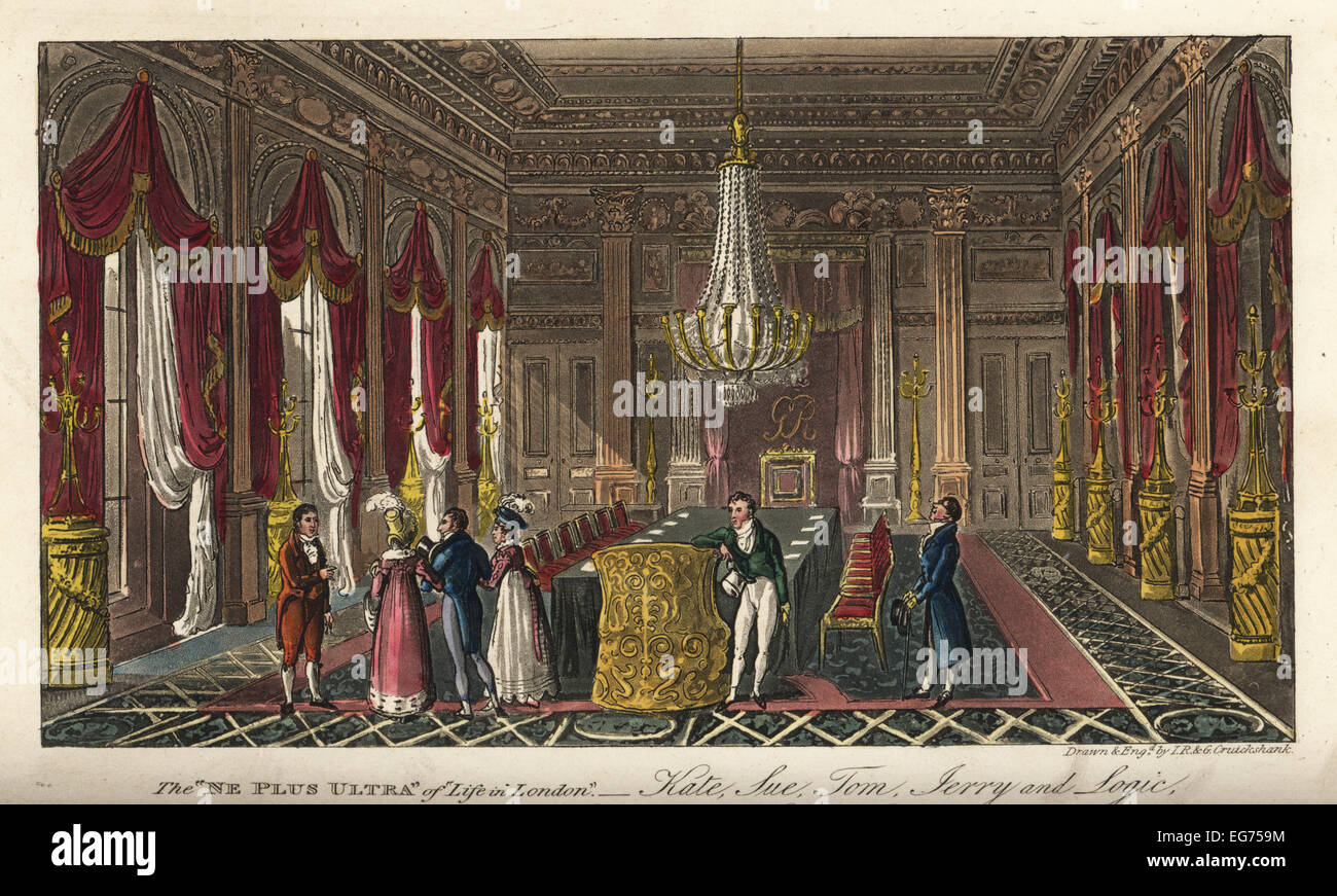 Géorgien anglais dandys et belles visiter la salle du trône à Carlton House. L'Ne Plus Ultra de la vie à Londres. Kate, Sue, Tom, Jerry et la logique l'affichage de la salle du trône à Carlton House. Banque D'Images