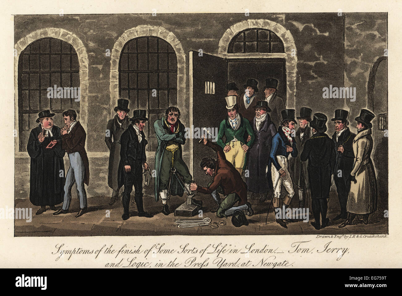 La visite d'un dandy anglais condamné ayant ses menottes enlevés par un forgeron dans la presse de triage à la prison de Newgate. Les symptômes de la finale de certaines sortes de vie à Londres. Banque D'Images