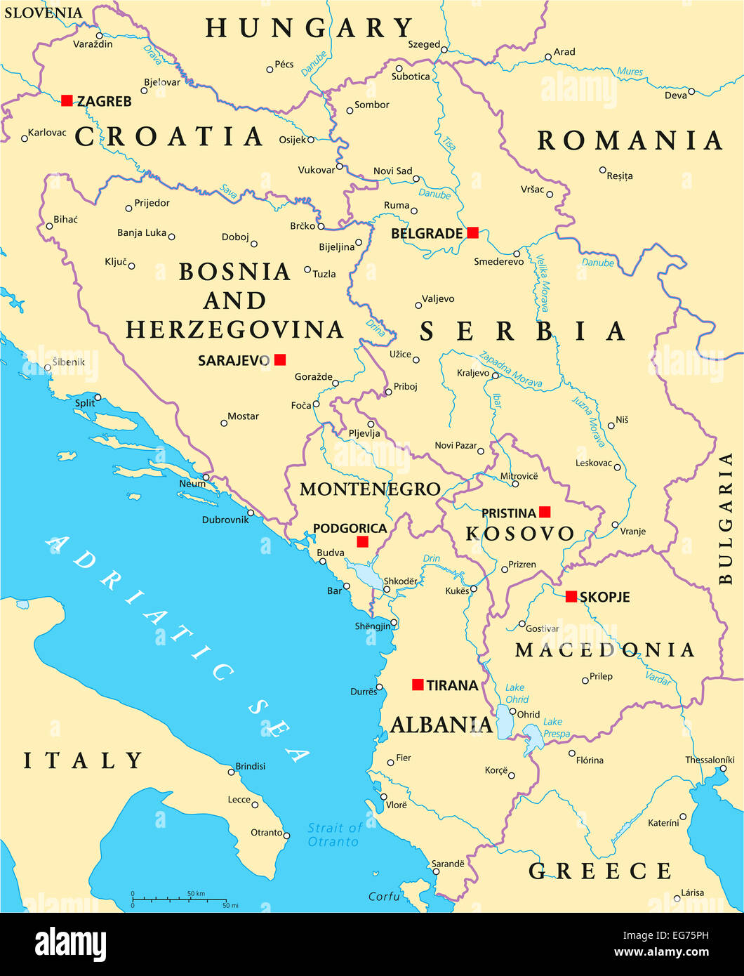 Carte politique centrale des Balkans Banque D'Images