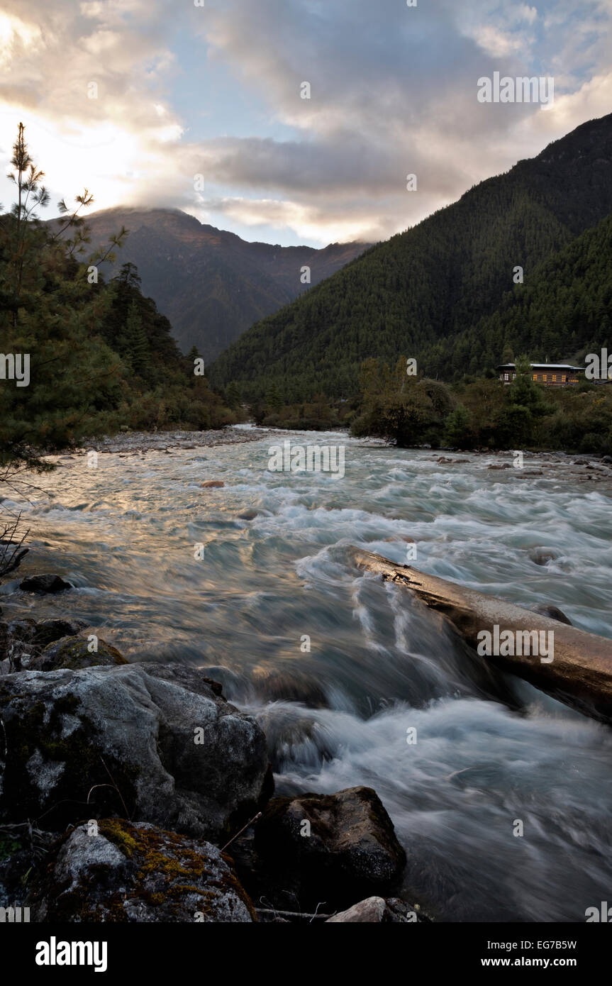 BU00158-00...BHOUTAN - Coucher de soleil sur la rivière Paro près de Sharna Zampa. Banque D'Images