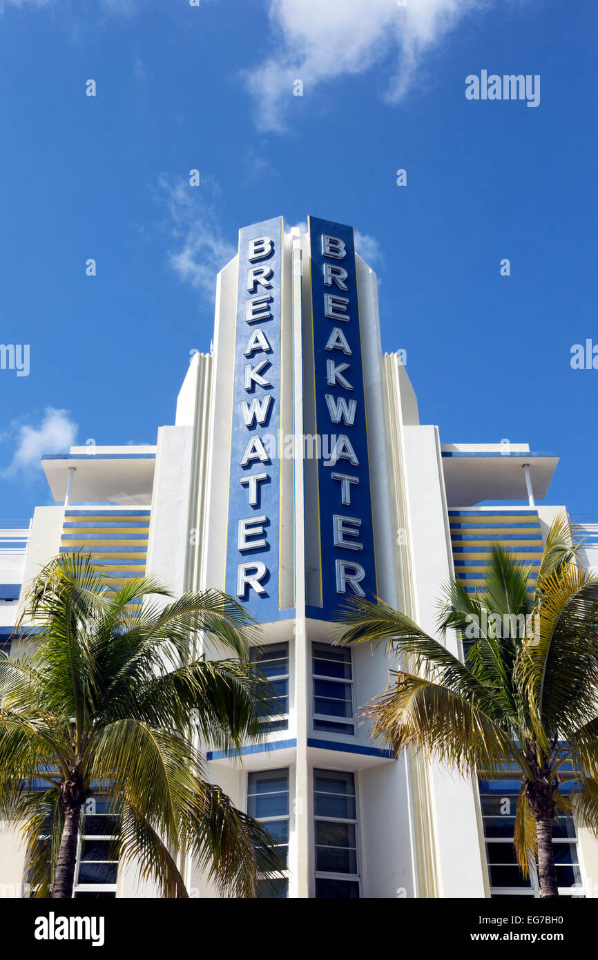 La conception de bâtiments Art déco sur Ocean Drive, à South Beach Miami, Floride, USA Banque D'Images