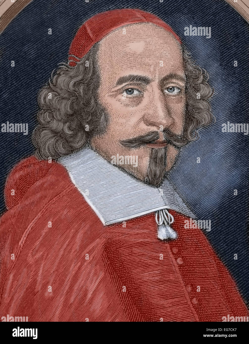 Jules Mazarin (1602-1661). Le cardinal italien, diplomate et homme politique. Ministre principal de la France de 1642 jusqu'à sa mort. Portrait. Gravure, 19ème siècle. De couleur. Banque D'Images