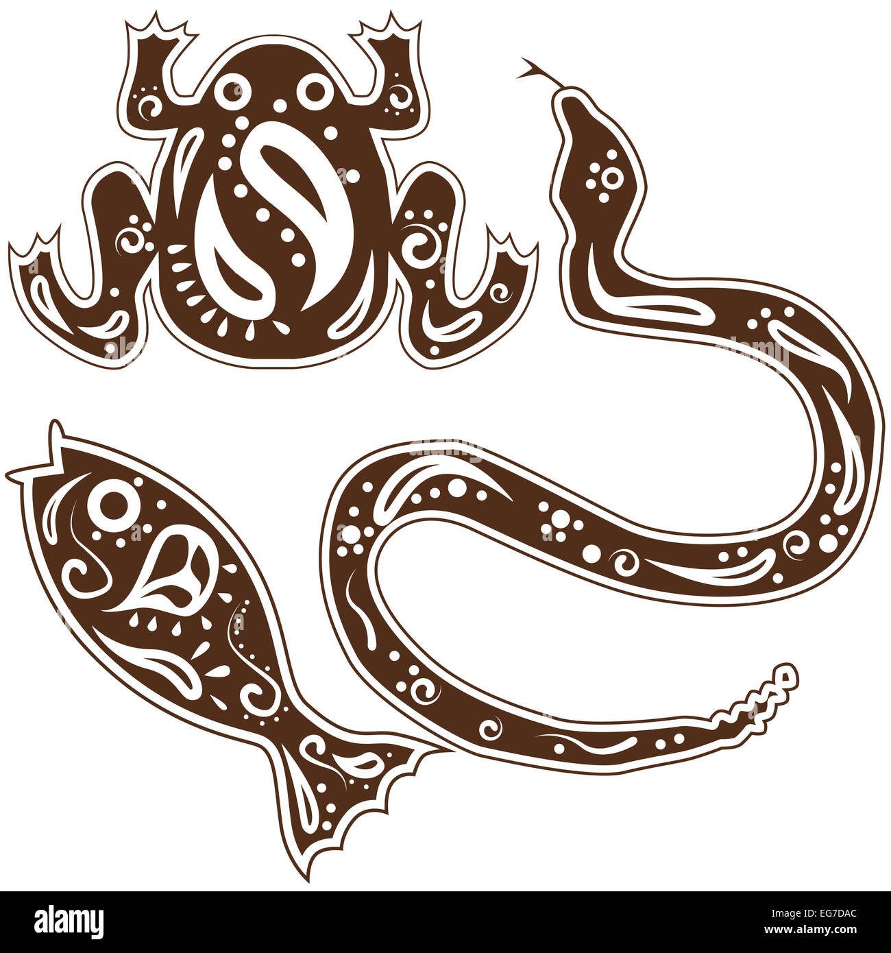 Une image de serpent tribal, poisson, grenouille art animalier. Banque D'Images