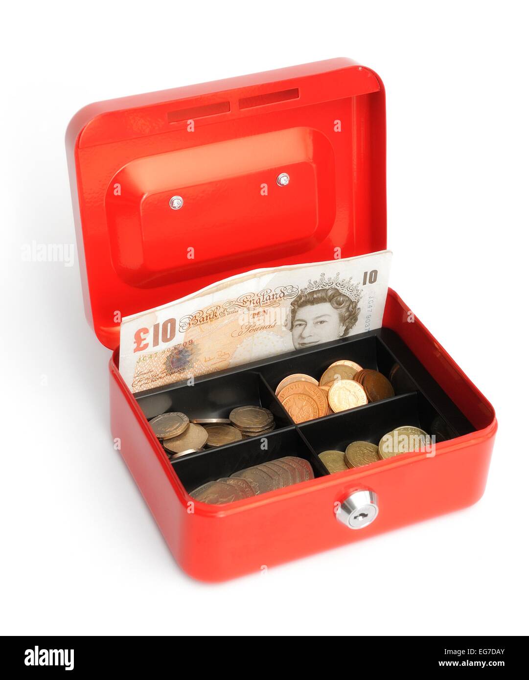 Une petite caisse rouge tin avec un flotteur d'argent à l'intérieur Banque D'Images